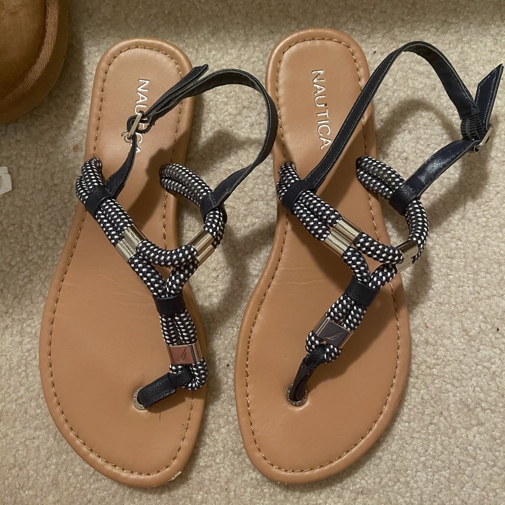 Navy blue and white nautica sandals.